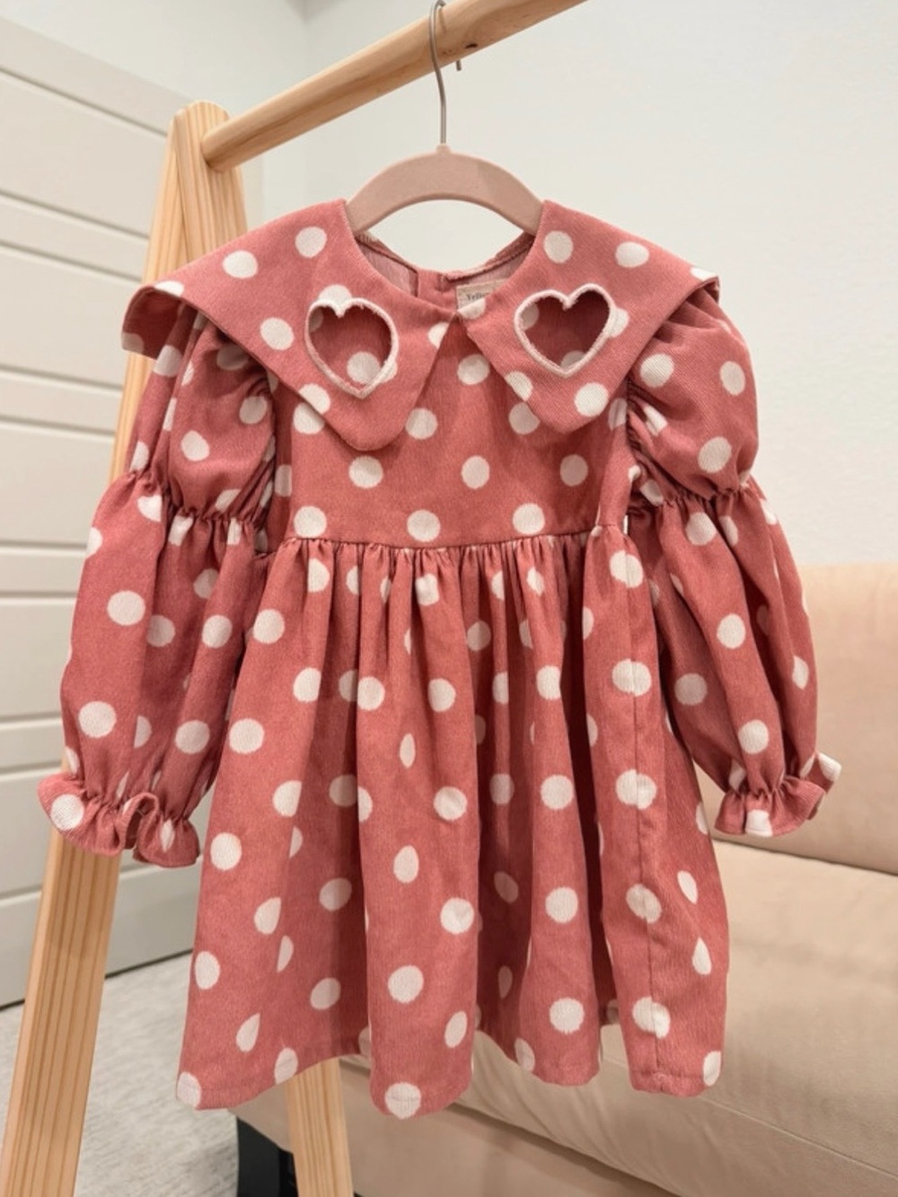 Polka Dot Heart-Cutout Long Sleeve Kids Dress - Dusty Rose